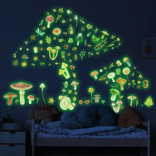 Glow in The Dark Mushroom Wall Decals, Watercolor Woodland Mushroom Stickers for Ceiling, Aesthetic Colorful Decor for Baby Kids Girls Bedroom Nursery Decorations