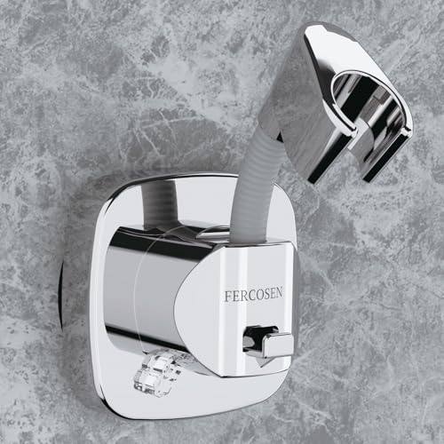 FERCOSEN Silver Shower Head Holder with Suction, 360° Swivel & Storage Hook