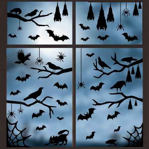 Crow Tree Branch Wall Decals Halloween Vinyl Black Ranven Window Stickers Scary Cat Bat Wall Stickers Spider Crow Halloween Wall Decals Holiday Bat Window Stickers Party Decorations