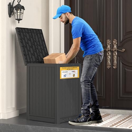 Black 48 Gallon Lockable Outdoor Package Delivery Box with Sign - Waterproof Resin Storage