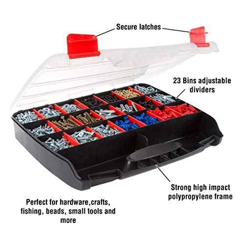 Hardware Organizer Box with Dividers - 23 Compartment Small Parts Organizer Portable Tool Box with Secure Latches - Plastic Screw Storage for Nuts, Beads, Jewelry or Tackle by Stalwart
