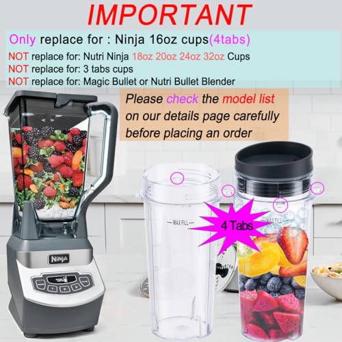 ABTER 2-Pack 16oz Ninja Blender Cup Replacement with Lids for BL770/BL780/BL660/BL740/BL810