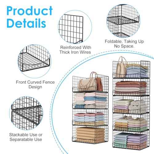 JKsmart 4-Tier Stackable Closet Organizers and Storage Shelves, Extend Clothing Closet Shelf Bins for Jeans Pants Sweaters - Wardrobe Cupboard Clothes Organizer System-Wider Mouth Design