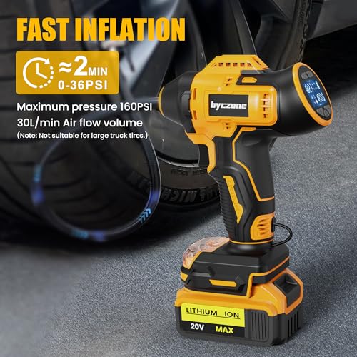 Byczone 160 PSI Tire Inflator for Dewalt 20V Max Battery - Yellow