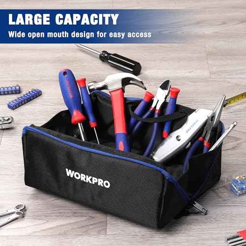 WORKPRO Tool Bag with Zipper, 10" Utility Wide Mouth Heavy Duty Tool Storage Bag, Multipurpose Zipper Tool Pouch Tote Bag for Organizer 3-pack