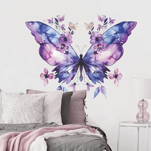 Purple Butterfly Flower Wall Decals Large Blue Butterfly Stickers Colorful Art Decal Removable Peel and Stick Butterflies Wall Decor for Kids Girls Bedroom Nursery Bathroom Decorations