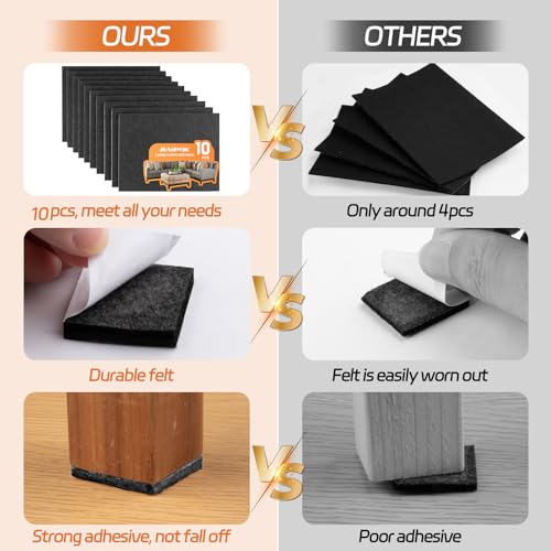 BAIPOK Black Felt Furniture Pads 10pcs, 8 x 6 Inch Cuttable Floor Protectors