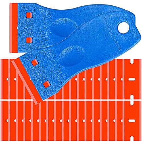 Double Edged Plastic Razor Blade Scrapers Knife with Contoured Grip for Scraping Labels and Decals Sticker From Glass (Blue 2 Scraper+100 Blades)