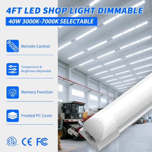 JESLED 4FT Dimmable LED Shop Lights with Remote Control - 40W 5400LM, 4 Pack
