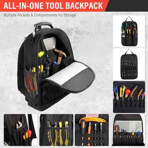 Tool Backpack Heavy Duty Tool Bag with Padded Shoulder and Removable Tool Organizer backpack tool bag with Multiple Pockets for Electrician, Plumber, HVAC, Cable Repairman