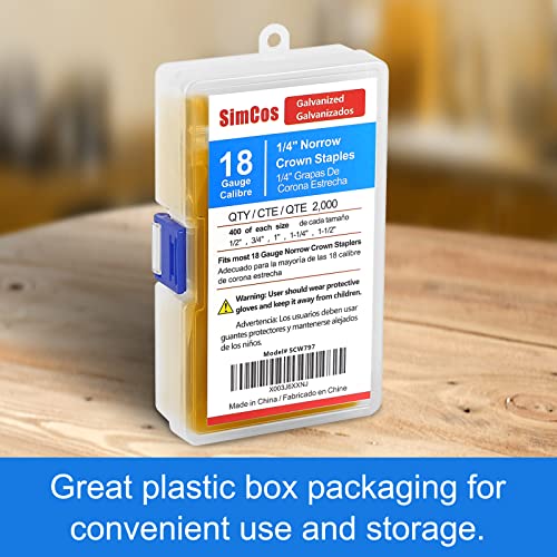 SimCos 18GA Narrow Crown Staples 1/2"-1-1/2" Assorted Sizes 2000 pcs - Compatible with Most Staplers