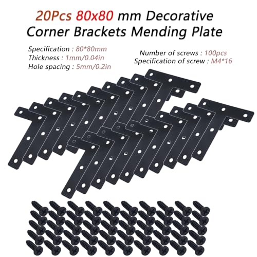 Joyangy 80x80mm Black Steel T-Shape Corner Brace 20-Pack for Furniture