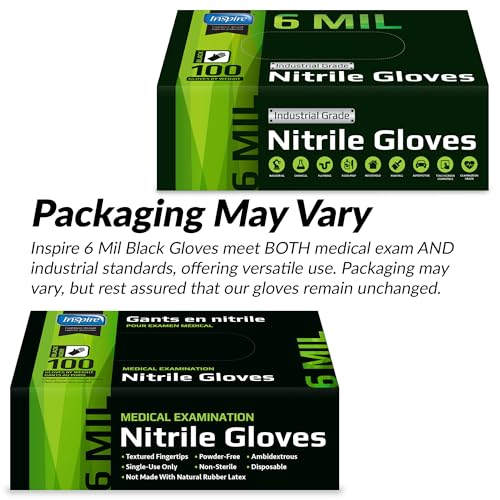 Inspire Large Black 6 Mil Heavy Duty Nitrile Gloves - Chemical & Medical Grade, Box of 100