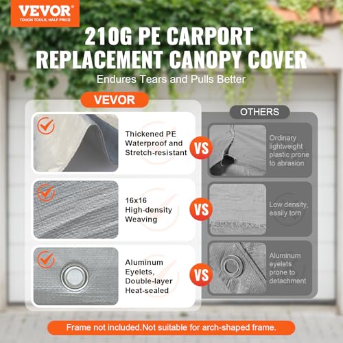 Gray VEVOR 10x20 ft Carport Replacement Canopy Cover Waterproof UV Shelter