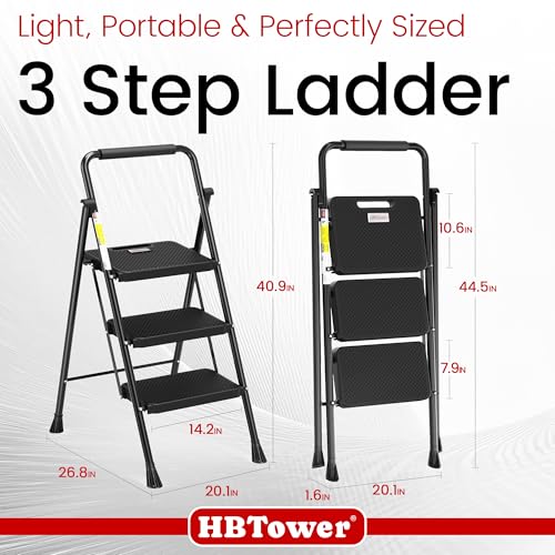 3-Step Folding Step Ladder - Black, Portable Anti-Slip Steel Stool for Home & Garage