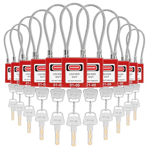 10 Pack Lockout Tagout Locks, Steel Cable Compact Loto Safe Padlock Set, Red Keyed Lock with 20 Keys, Different Numbers Safety Locks for Electrical Stations and Devices Kits