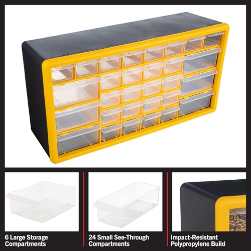 Stalwart 30-Drawer Plastic Parts Organizer — Yellow & Black