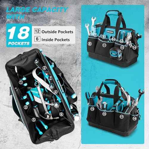DURATECH 16-Inch Heavy Duty Tool Bag with Waterproof Hard Bottom, Tool Bag Organizer Wide Open Mouth with 18 Pockets, Portable Toolbag for Men Mechanic Electrician Plumber HVAC