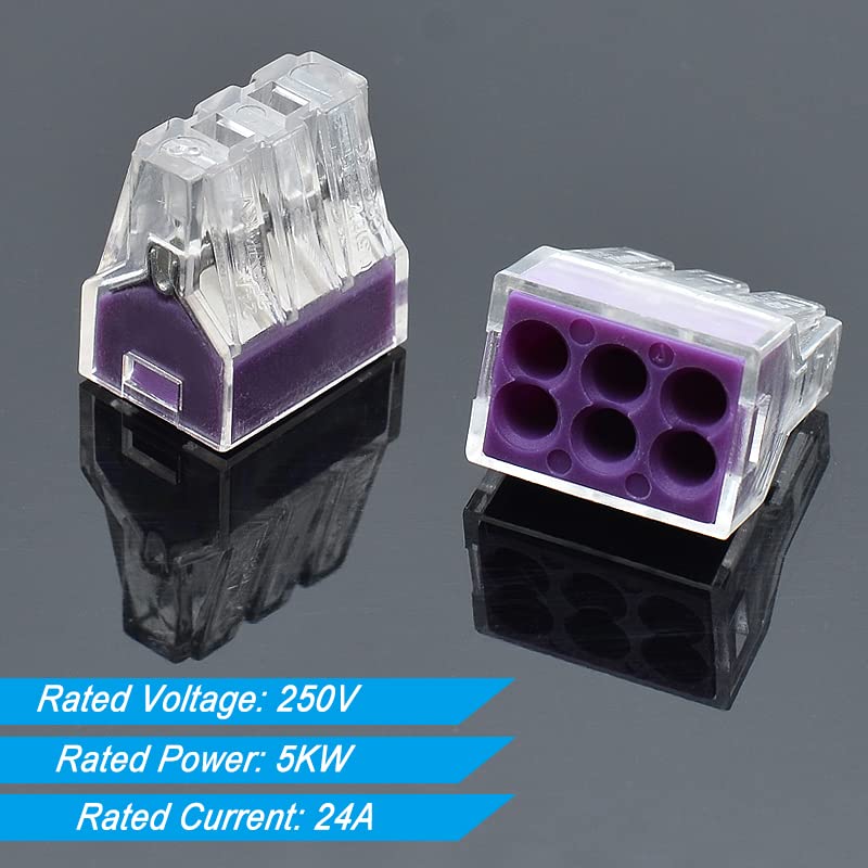 Purple 6 Port Push-in Wire Connector 18-12 AWG Solid/Stranded Wires - 50Pcs PCT-106