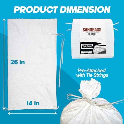 Sand bags with Ties 14" x 26" (Pack of 10) - Sand bags for Flooding, Woven Polypropylene Sandbags, 50 lbs Capacity, 14x26 inches, White