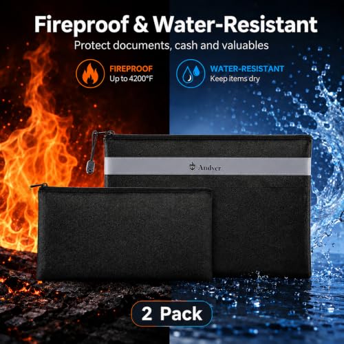 Fireproof Waterproof Document & Money Bag Set - 2 Pack Safe for Cash & Important Files
