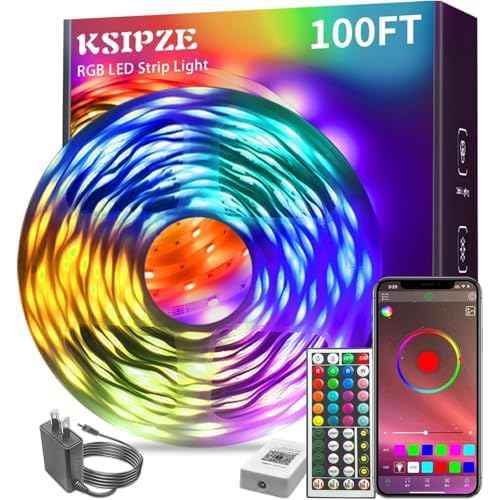 KSIPZE 100ft Led Strip Lights RGB Music Sync Color Changing Bluetooth Led Lights with Smart App Control Remote Led Lights for Bedroom Room Lighting Flexible Home D?cor