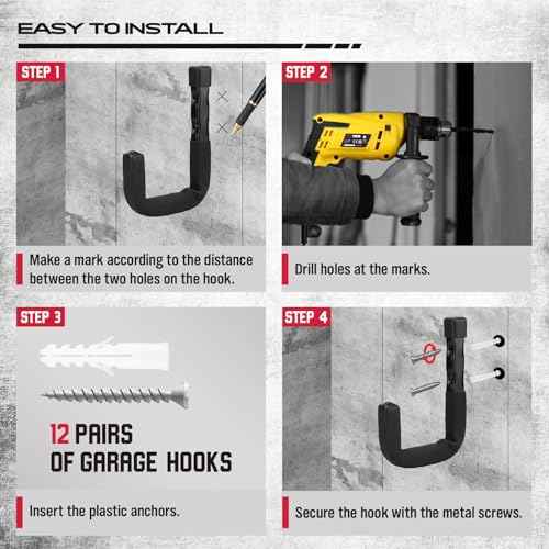 SEDY 6-Piece Heavy Duty Garage Storage Hooks, Wall Mount J Utility Hooks Holds 88 LB, Large Metal Utility, Garage Storage Ladders for Bikes, Garden Tools