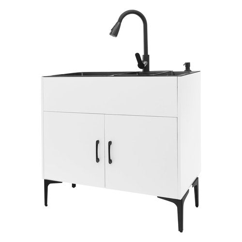 32-Inch Laundry Sink with Cabinet and Pull-Out Sprayer Faucet, Stainless Steel Utility Sink with Soap Dispenser and Drainage Basket, Cabinet with Double Bowl Sink for Laundry Room, Kitchen, Garage