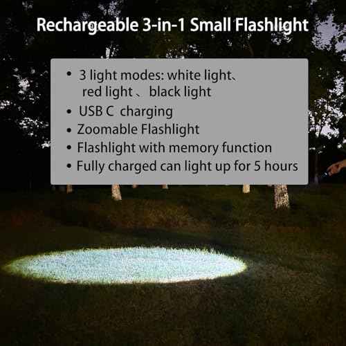 3 in 1 LED Rechargeable Flashlight, LED Small Flashlight with Memory Function, Super Bright Zoomable Red Lens Light 395 NM Black Lights Flashlights with USB C Charging for Camping Hiking Home