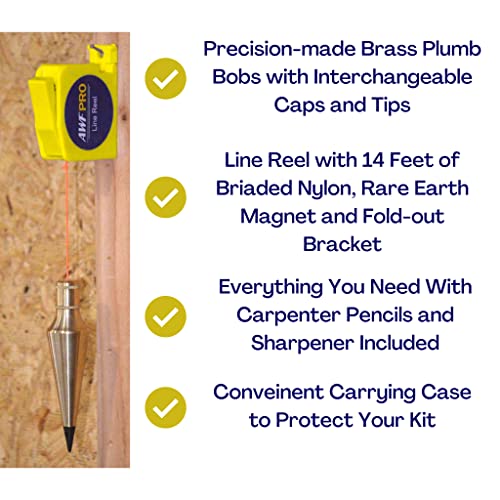 AWF PRO Plumb Bob Kit - 16 oz and 8 Solid Brass Bobs, 14 ft