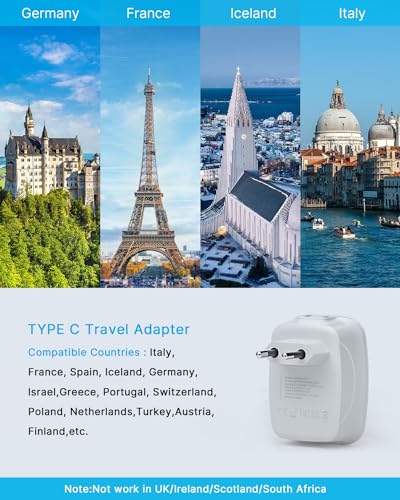 VINTAR 2 Pack European Travel Plug Adapter with USB-C - Type C Adapter for Most of Europe