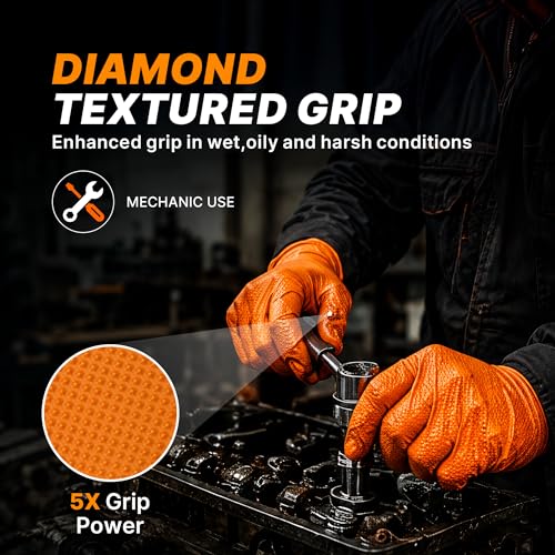 TitanFlex XL Heavy Duty Disposable Nitrile Gloves 8-mil Orange, Raised Diamond Grip, Powder-Free, 100-Count