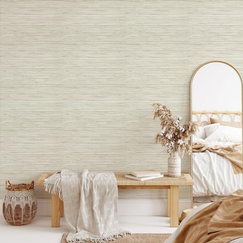 JiffDiff Grasscloth Peel and Stick Wallpaper Cream 17.3"x118" Coastal Farmhouse Decor
