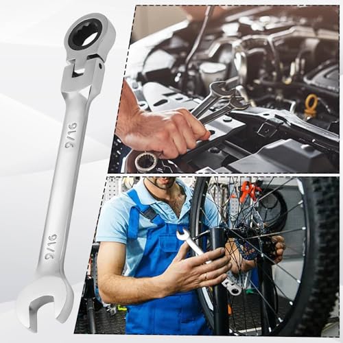 9/16 Inch Ratchet Wrench Imperial, Flex Head Combination Wrench 72-Teeth 12 Point Box End Wrench Spanner, Chrome Vanadium Steel
