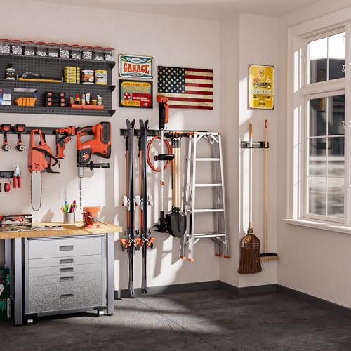 48-Inch Heavy Duty Wall Mount Garden Tool Organizer Rack with Adjustable Hooks