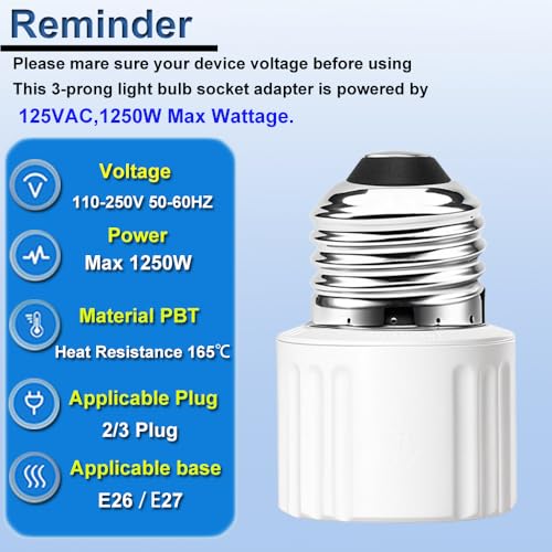 3 Pack White E26 Light Socket Outlet Adapter - Converts Bulb Socket to Plug