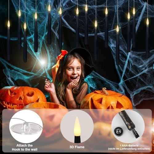 GenSwin 22pcs Flameless Floating Candle with Magic Wand Remote Timer, Battery Operated Hanging Window Candles Flickering, 6.1" LED Electric Candles for Christmas Halloween Decorations(Black)