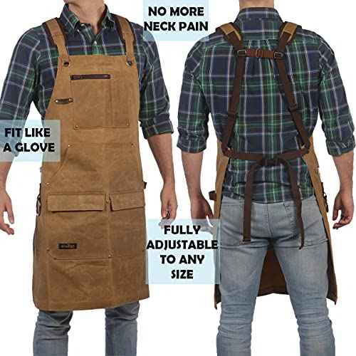 ecoZen Lifestyle Woodworking Apron for Men - Heavy Duty Waxed Canvas Carpenter Apron - For Workshop, Fully Adjustable S-XXXL