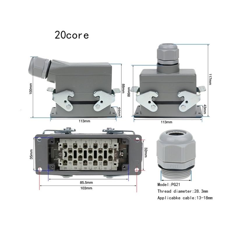 IIUUAYUVI Rectangle Heavy Duty Connector HDC-HE-04/6/16/20/24/32/48 Core Pins Industry Plug Socket Connector 500V 16A(32 core top line)