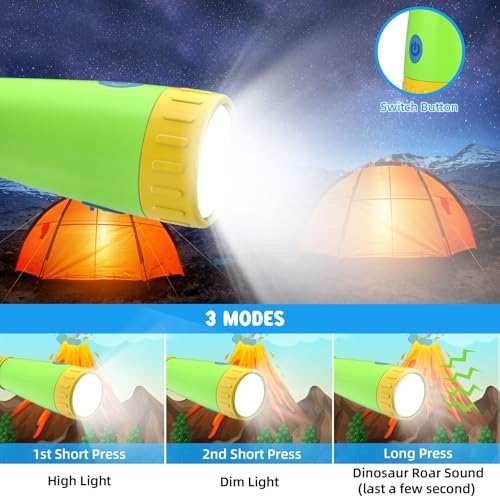 COSOOS Rechargeable Dinosaur Flashlight for Kids, Roar Mode, Kids Flashlight, Outdoor Camping Gear Accessories, Birthday Gift Halloween Lights for Kids Boys Girls