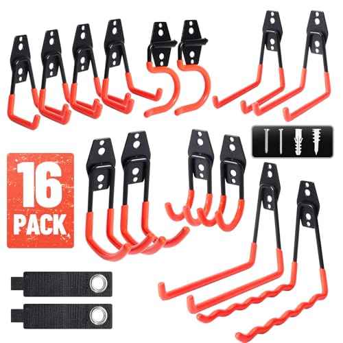 16 Pack Garage Hooks Heavy Duty Steel Storage Utility Hook Set Anti Slip Wall Mount Garage Storage Organization and Tool Hangers for Power £¦ Garden Tools, Ladders, Bikes, Ropes