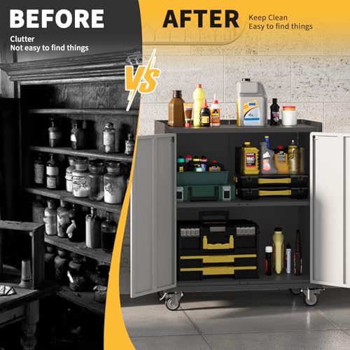 Curtainboro 30" Rolling Metal Storage Cabinet with Lock – Grey Doors, Adjustable Shelves, Assembly Required (Transitional)