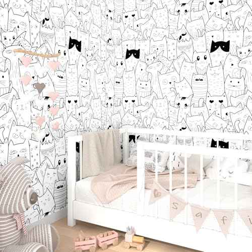 Cat Wallpaper Beige Peel and Stick Wallpaper Black Cat Contact Paper Self Adhesive Animal Cute Kitten Stick on Wall Paper for Dollhouse Nursery Shelf Liner Accent Wall Pet Room 17.5"x102"