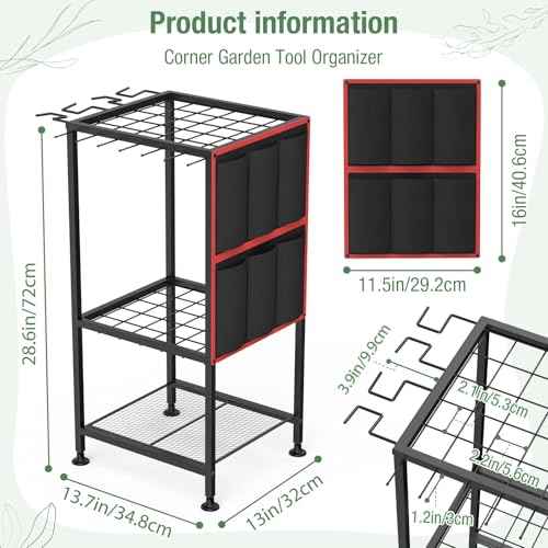 Garden Tool Organizer,Metal Yard Tool Organizer,Holds 50 Long-Handled Tools/Rakes/Brooms,Side Garden Pocket,Heavy Duty Steel Yard Tool Storage Rack for Garage,Shed, Outdoor