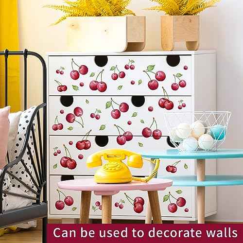 4 Sheets 96 Pieces Cherry Wall Decals Fresh Fruit Wall Stickers DIY Peel and Stick Green Leaf Cherry Wall Art Wallpaper for Bedroom Living Room Kid's Room Nursery Rental House Apartment Decoration