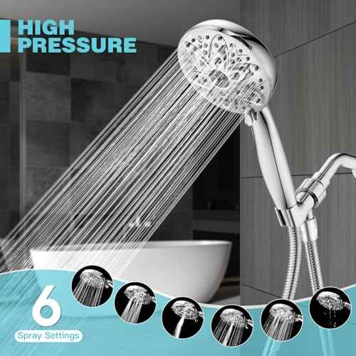6-Setting Shower Head with Handheld, JDO High Pressure Hand held Shower Head, 4.7 Inch Chrome Detachable Showerhead Set with 59 Inch Stainless Steel Hose and Adjustable Showerhead Holder