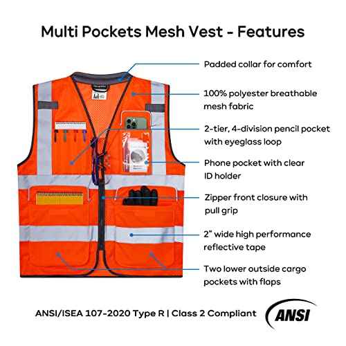 Neopelta Reflective Safety Vest Orange Mesh, High Visibility Vest with Pockets and Zipper, Padded Neck, Construction Work Vest ANSI Class 2, Orange L