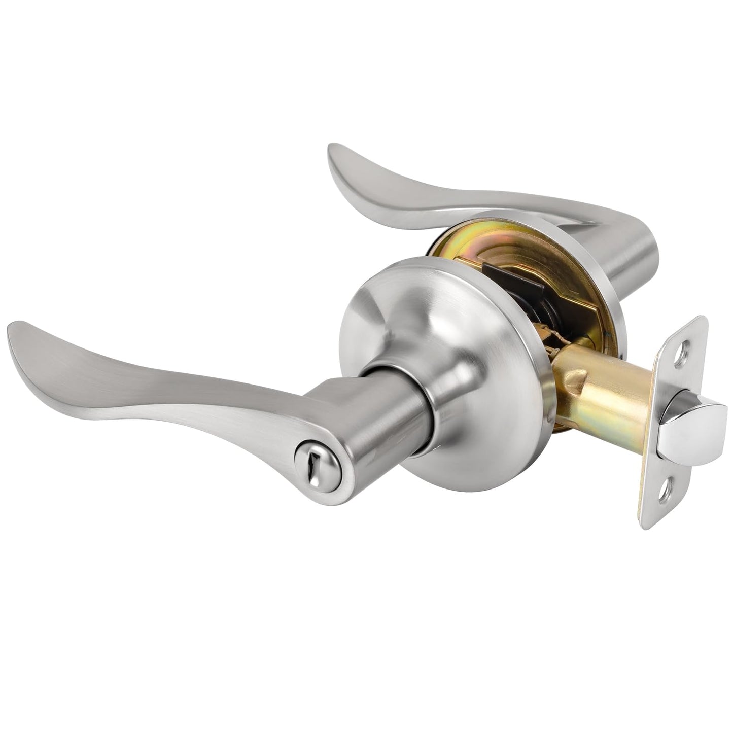 RAFECIEE Privacy Door Lever & Handle – Keyless Lock for Bathroom & Bedroom – Satin Nickel Wave Style Interior Door Knob – Reversible for Left/Right Handed