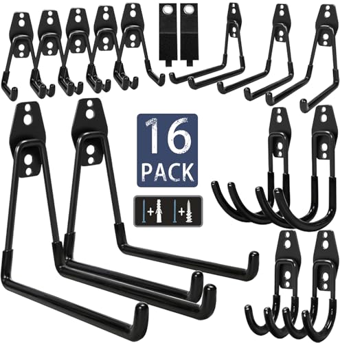Black Heavy Duty Garage Storage Hooks 16 Pack - Wall Mount Organizer, Steel & Non-Slip Coated