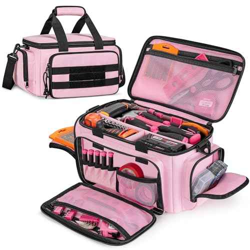 Tool Tote Bag for Women, Tool Storage Organizer with Anti-friction Bottom, Tactical Range Bag for Electrician, Carpenters, Repairman, Pink